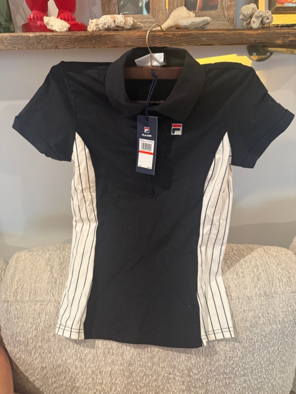 Fila Black Polo Shirt with White Pinstripe Side Panels new with tags
